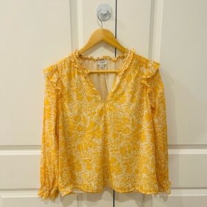 J. Crew factory small yellow & white paisley lined v-neck blouse with ruffles
